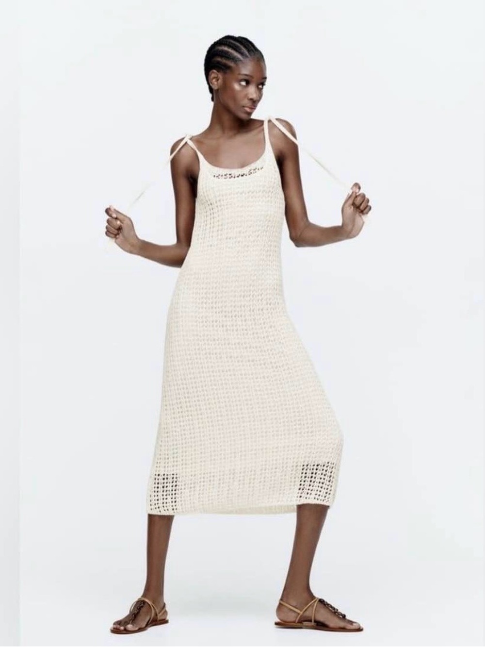 Zara Cream Crochet Tie-Shoulder Midi Dress